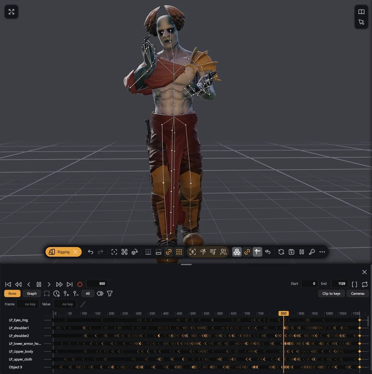 A rigged figure with its skeleton drawn over it and the time dock full of keys below